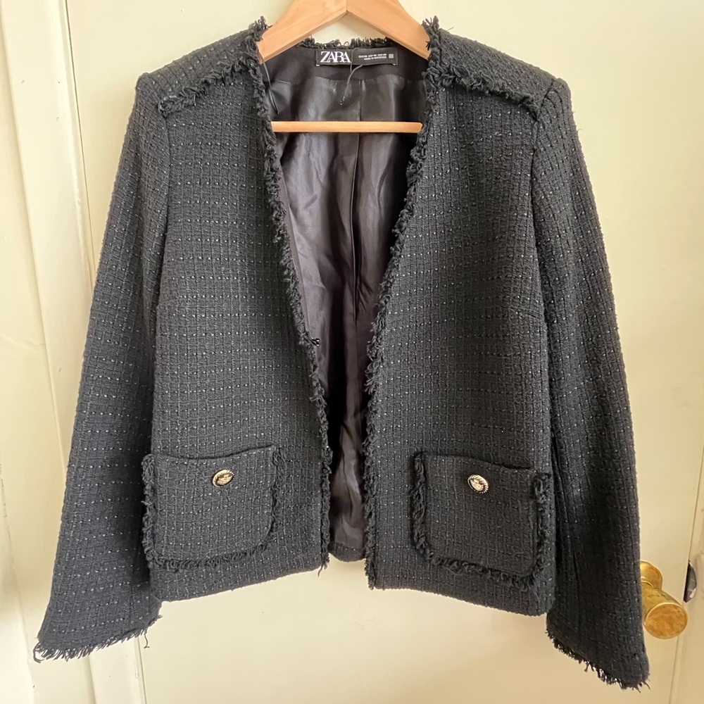ZARA Women SIZE XS Black Tweed Blazer with Decorated Buttons